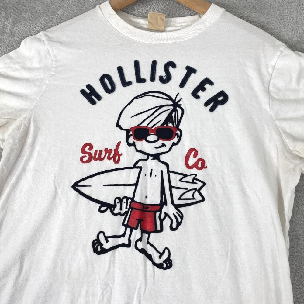 Hollister Surf Co Shirt Mens XL White Y2K Embroidered Character Skater Beach
